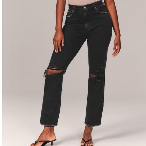 Abercrombie & Fitch Denim - Abercrombie & Fitch The Ankle Straight Ultra High Rise Destroyed Black 8 Long